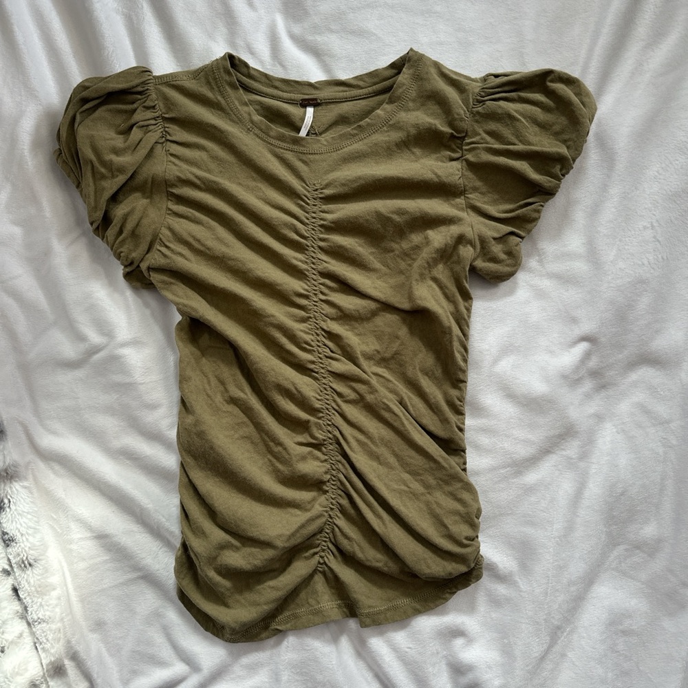 Free People Olive Green Ruched Puff Sleeve Top